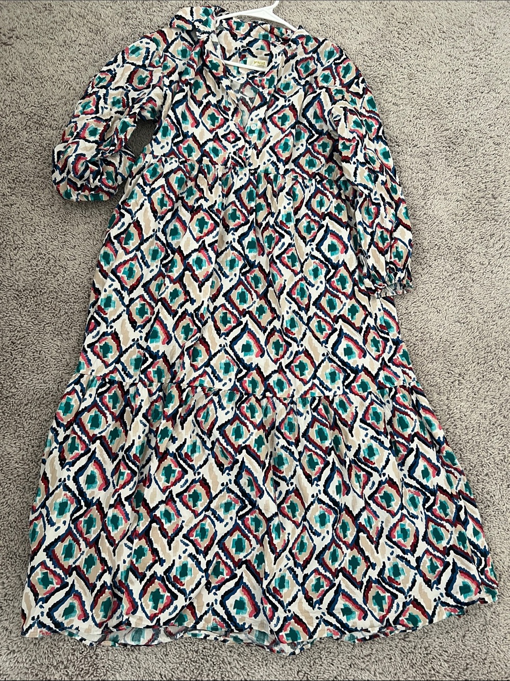 Anthropologie Teal, Pink & Navy Ikat-Print Long Sleeve Dress